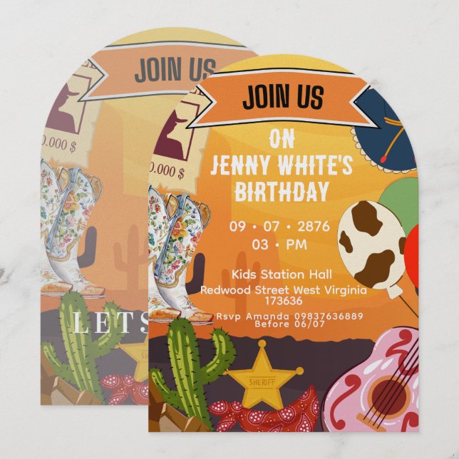 Invitation Thème Cowboy Cowgirl  (Devant / Derrière)