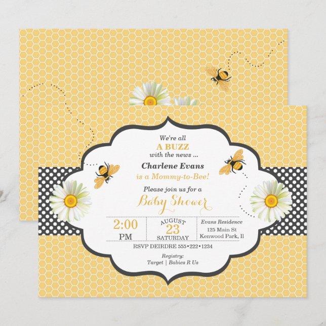 Invitation Thème d'abeille Honeycomb Or & Gris Polka Dot (Devant / Derrière)