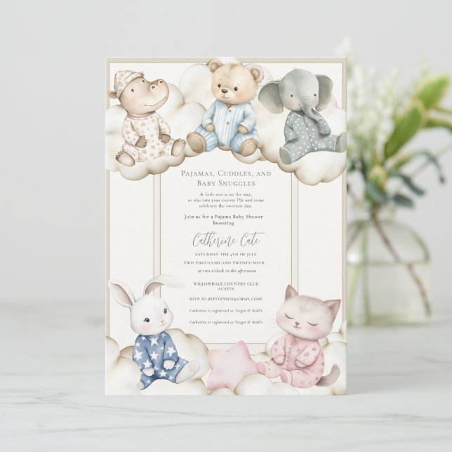 Invitation Thème d'animaux pour fête en pyjama Baby Shower  (Debout devant)