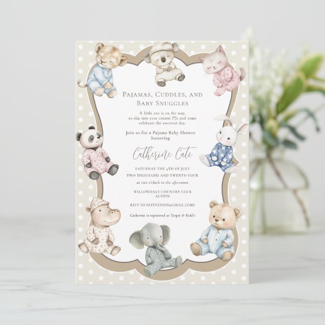 Invitation Thème d'animaux pour fête en pyjama pour bébé  (Debout devant)