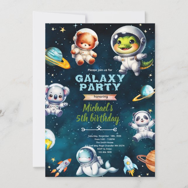 Invitation thème d'anniversaire animaux galaxie sp (Devant)
