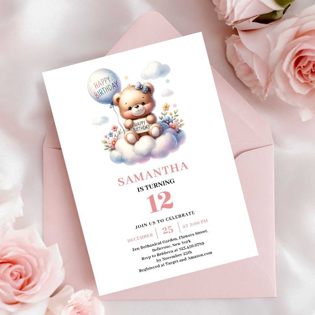 Invitation Thème d'anniversaire de fille avec ballon en forme (Sweet teddy bear balloon theme girl birthday invitation

)