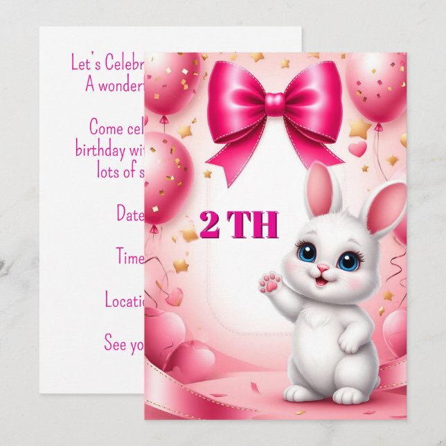 Invitation Thème d'anniversaire de lapin doux 🐰 (Devant / Derrière)