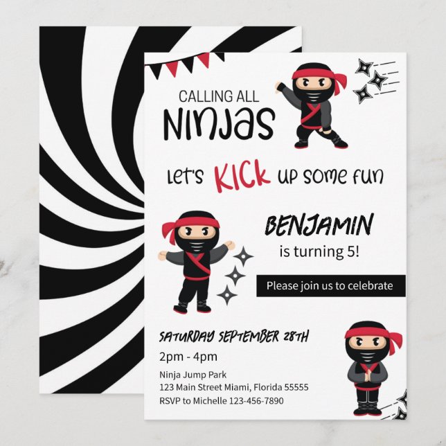 Invitation Thème d'anniversaire de ninja arts martiaux guerri (Devant / Derrière)