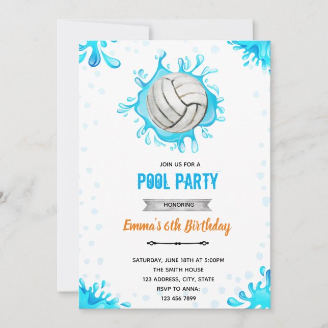 Invitation Thème d'anniversaire de piscine de volley-ball (Devant)