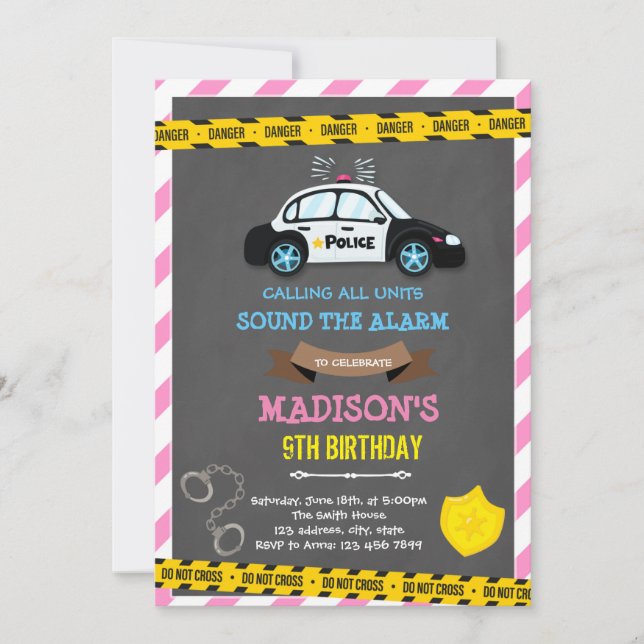 Invitation Thème d'anniversaire de police de fille (Devant)