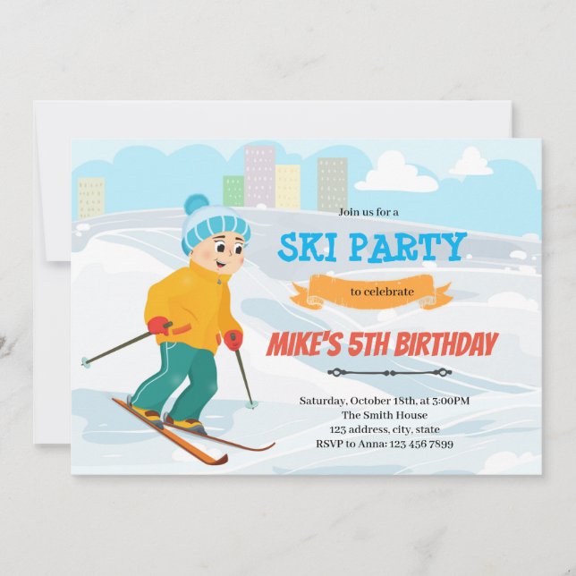Invitation thème d'anniversaire de ski garçon (Devant)
