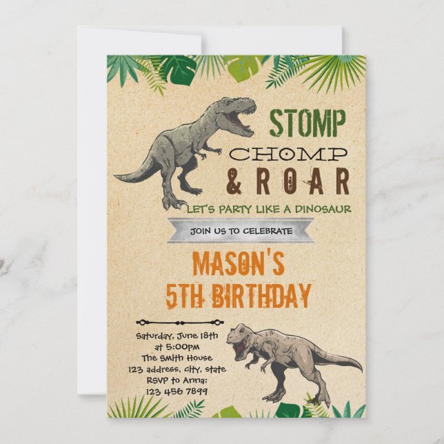 Invitation Thème d'anniversaire du garçon dinosaure (Devant)