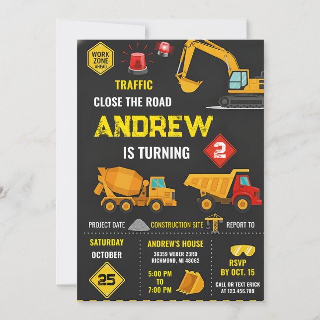 Invitation Thème d'anniversaire Fête de construction  (Devant)