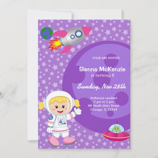 Invitation Thème d'anniversaire fille astronaute (Devant)