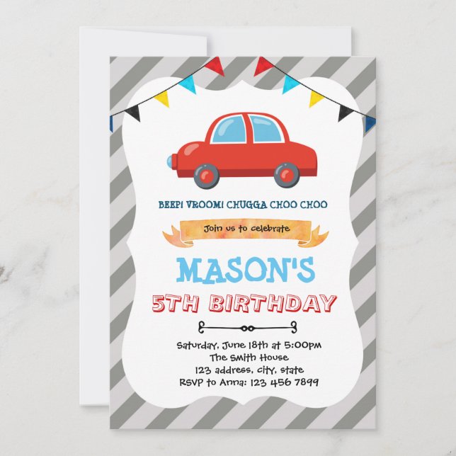Invitation thème d'anniversaire petite voiture rou (Devant)