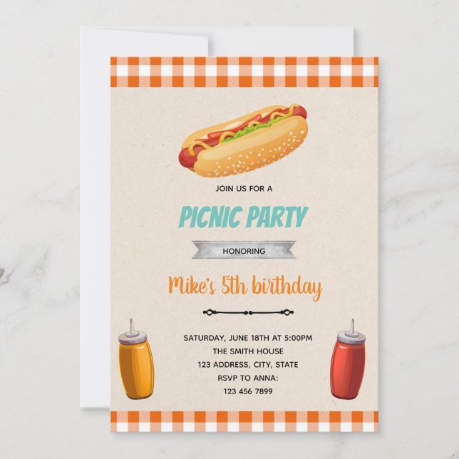 Invitation thème d'anniversaire pique-nique hotdog (Devant)