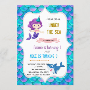 Invitation Thème d'anniversaire sirène et requin