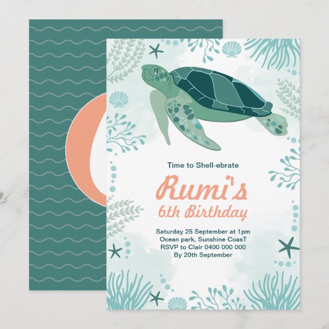 Invitation Thème d'anniversaire Tortue Océan sous la Mer (Devant / Derrière)