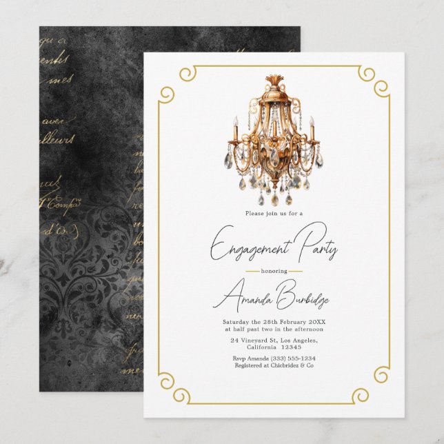 Invitation Thème d'argent ancien Fête de fiançailles noir et  (Devant / Derrière)