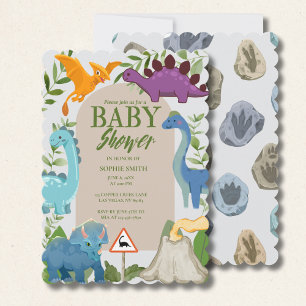 Invitation Thème de Baby Shower Dinosaures, Volcan, T-Rex