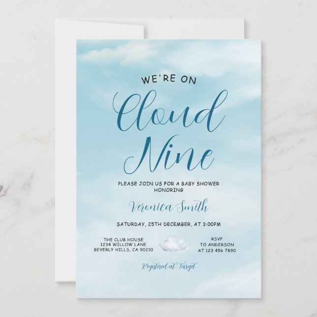 Invitation Thème de Baby Shower Elegant Ciel Bleu Cloud Nine (Devant)