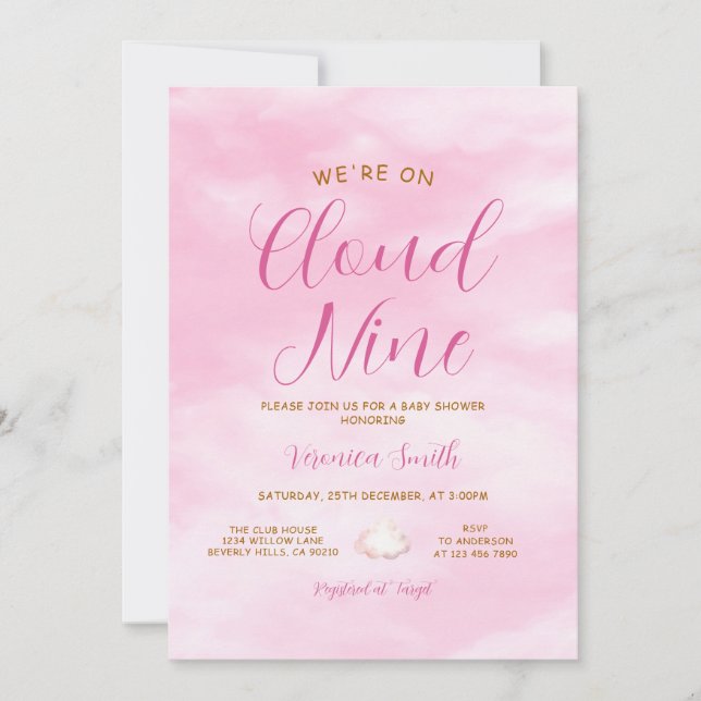 Invitation Thème de Baby Shower Élégant Rose Ciel Nuage Neuf (Devant)