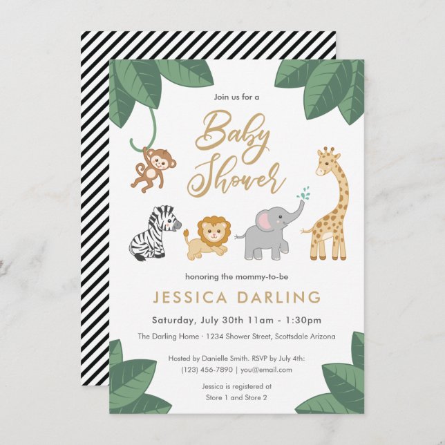 Invitation Thème de baby shower Safari avec de mignons bébés  (Devant / Derrière)