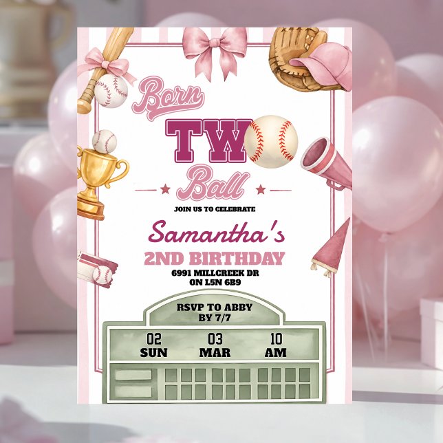 Invitation Thème de baseball rose violet né deux ballons anni (Créateur téléchargé)