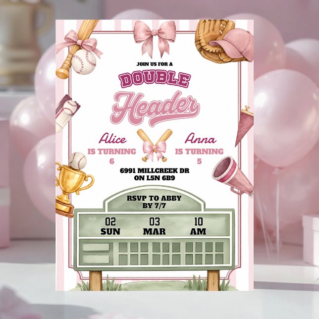 Invitation Thème de baseball rose violet pour un double anniv (Créateur téléchargé)