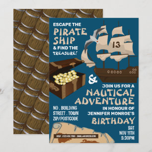 Invitation Thème de bateau pirate, salle d'évasion, fête d'an