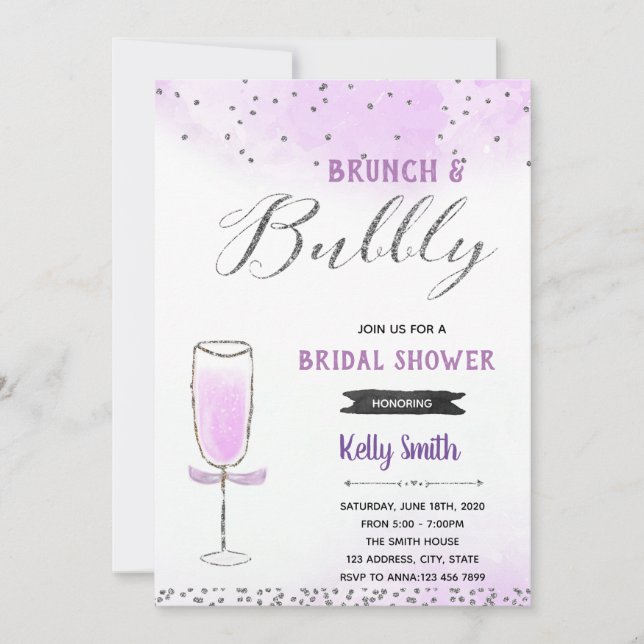 Invitation Thème de brunch et de bulles argent et violet (Devant)