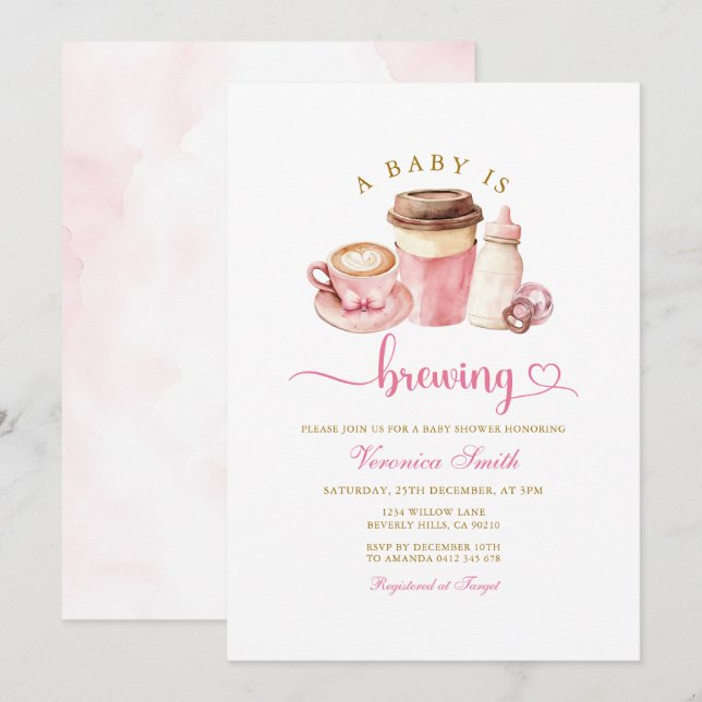 Invitation Thème de café rose moderne Latte Baby Shower (Devant / Derrière)