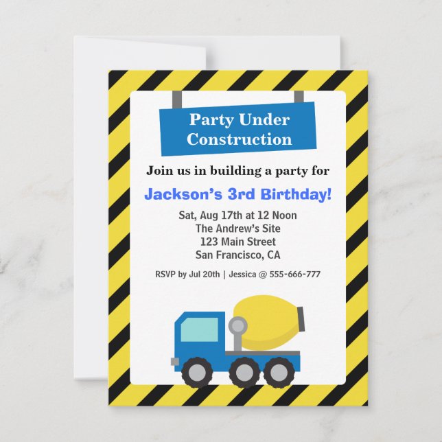Invitation Thème de camion malaxeur pour fête d'anniversaire  (Devant)