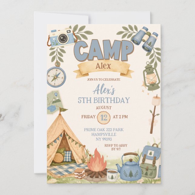 Invitation Thème de camping bleu pour l'anniversaire d'une fi (Devant)