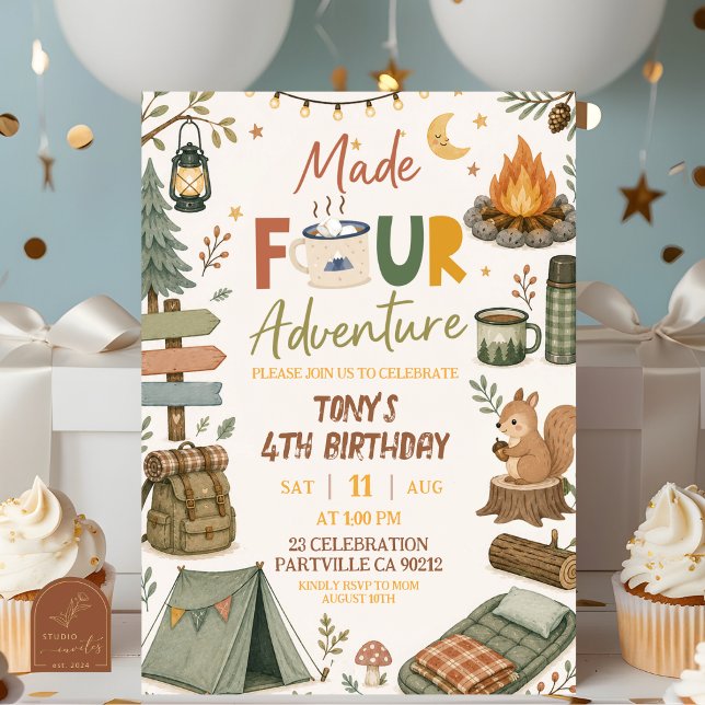 Invitation Thème de camping pour garçon fait QUATRE aventure  (Créateur téléchargé)