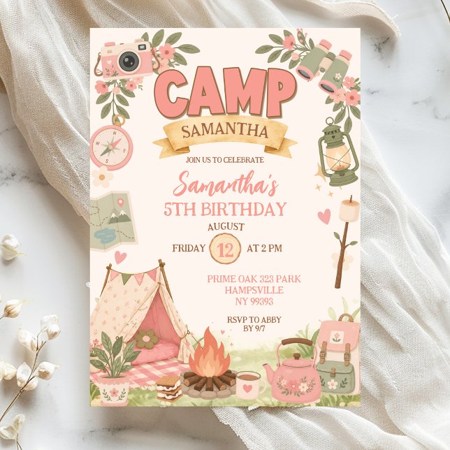 Invitation Thème de camping rose bohème pour l'anniversaire d (Créateur téléchargé)