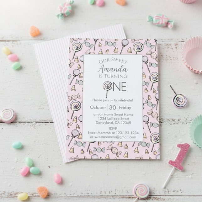 Invitation Thème de Candy Sweet Little One pour 1er Anniversa (Cute Pink 1st Birthday Invitation Card for Baby Girl. Sweet One Candy Theme with Colorful Lollipop)