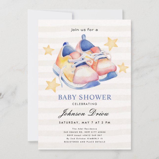 Invitation Thème de chaussures de bébé à l'aquarelle | Baby S (Devant)
