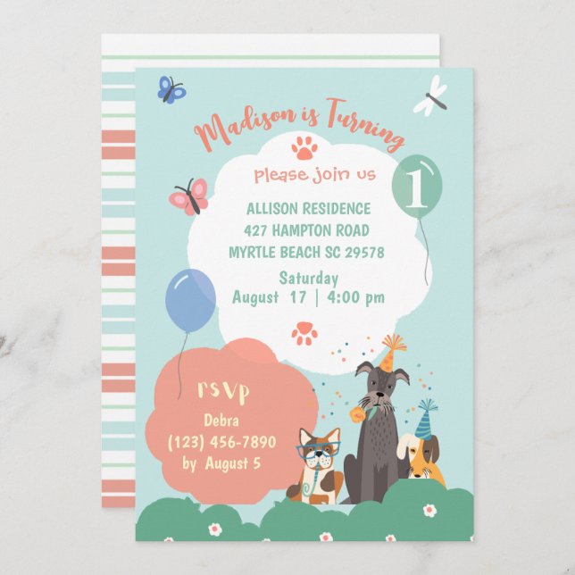 Invitation Thème de chien fête d'anniversaire (Devant / Derrière)