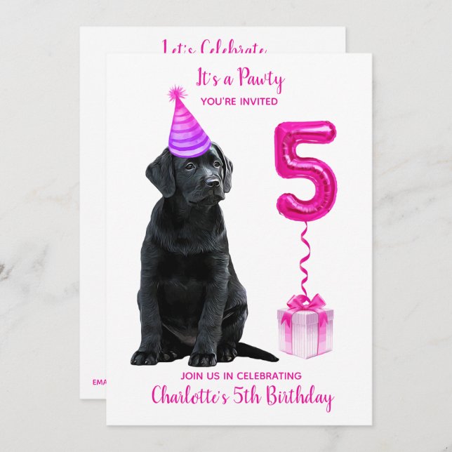 Invitation Thème de chiot 5e anniversaire - mignon chien rose (Devant / Derrière)