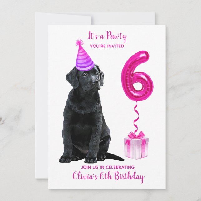 Invitation Thème de chiot 6e anniversaire - mignon chien rose (Devant)