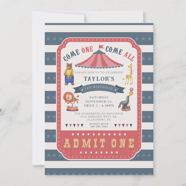 Invitation Thème de cirque pour la fête du 1er anniversaire (Devant)