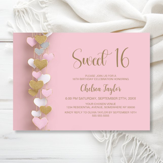 Invitation Thème de cœur rose et or pour un 16e anniversaire  (Créateur téléchargé)