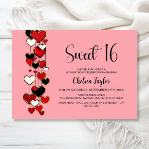 Invitation Thème de cœur rouge et noir pour un 16e anniversai