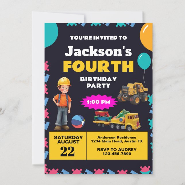 Invitation Thème de construction fête d'anniversaire (Devant)