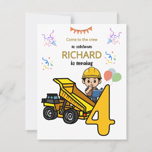 Invitation Thème de construction Fête d'anniversaire drôle po (Devant)