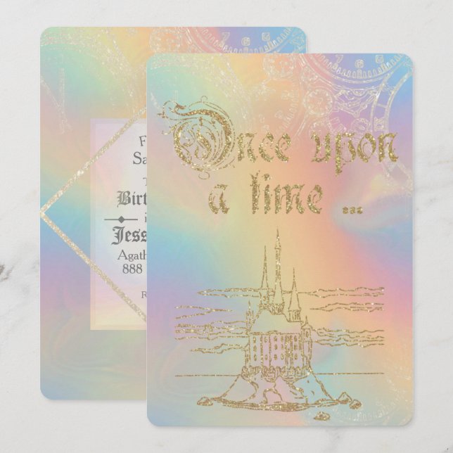 Invitation Thème de conte de fées Château doré sur arc-en-cie (Devant / Derrière)