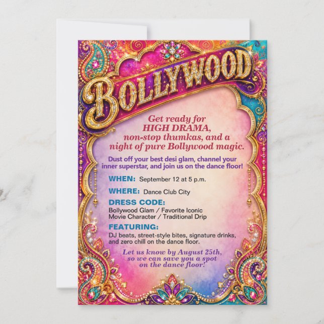 Invitation Thème de danse de fête de Bollywood vibrant (Devant)