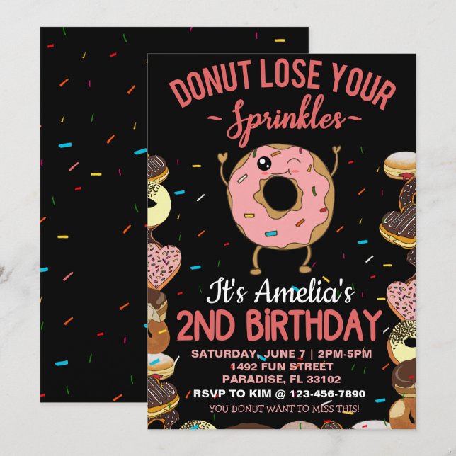 Invitation Thème de donut pour le 2e anniversaire Deux ans (Devant / Derrière)