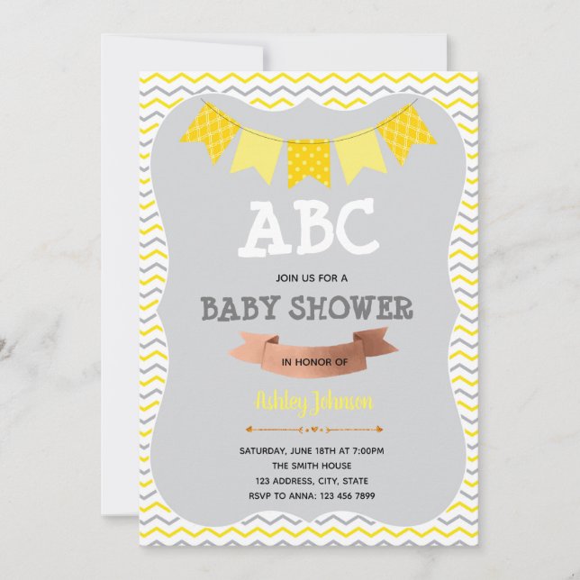 Invitation Thème de douche ABC gris et jaune (Devant)