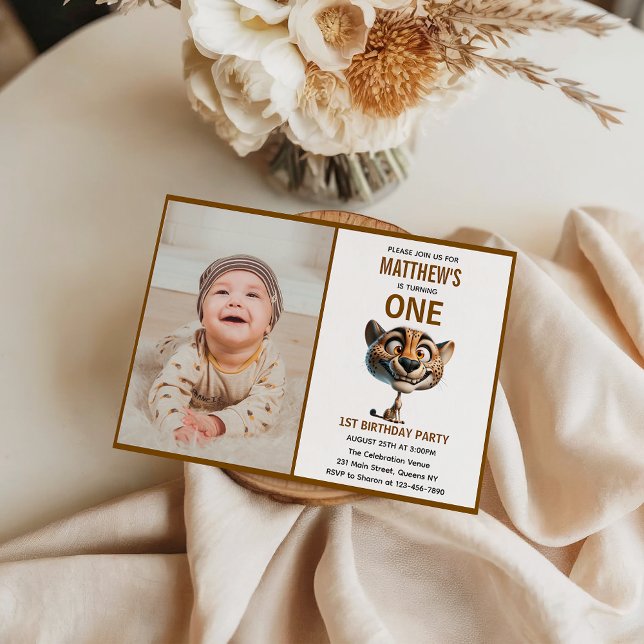 Invitation Thème de ferme de guépard mignon et fou pour 1er a (Cute Crazy Cheetah Farm Theme 1st Birthday Invitation
)