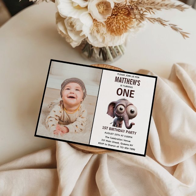 Invitation Thème de ferme éléphant mignon fou pour 1er annive (Cute Crazy elephant Farm Theme 1st Birthday Invitation
)