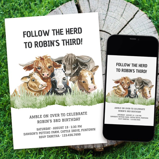 Invitation Thème de ferme pour le 3e anniversaire : Suivez le (Invite your guests to amble on over with a fun farm themed "Follow the Herd" 3rd birthday invitation)