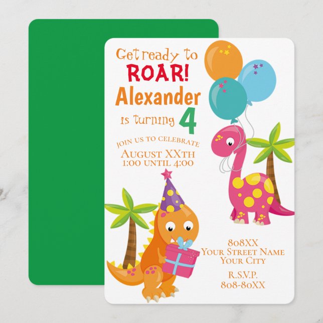 Invitation Thème de fête avec dinosaure de dessin animé migno (Devant / Derrière)